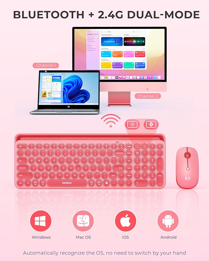 seenda Bluetooth Keyboard and Mouse for iPad, CTU-301 Wireless Multi-Device Connection Bluetooth+2.4G Keyboard Mouse Combo with Tablet Holder for iPad/MacBook/Windows, iOS/Andriod/Phone, Coral Pink