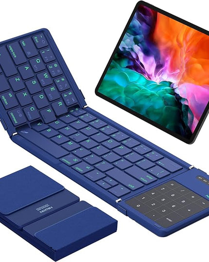 Nillkin Foldable Bluetooth Keyboard with Touchpad & Number Pad, Portable Bluetooth Keyboard with Full Size Keys, Pocket-Sized Wireless Travel Keyboards for iPad, Smartphone, Tablet and Laptop Blue