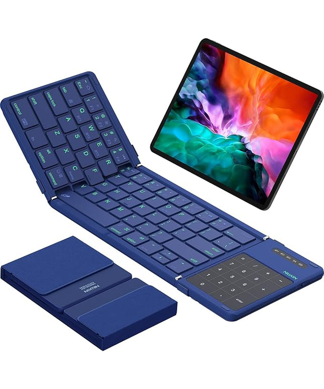 Nillkin Foldable Bluetooth Keyboard with Touchpad & Number Pad, Portable Bluetooth Keyboard with Full Size Keys, Pocket-Sized Wireless Travel Keyboards for iPad, Smartphone, Tablet and Laptop Blue