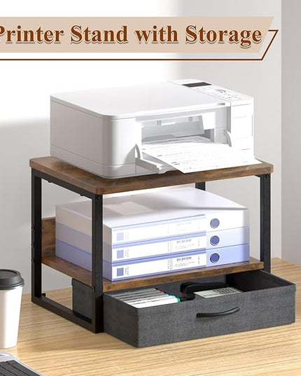 MARTY Printer Stand with Storage Drawer for Desk, 2-Tier Desktop Printer Stand Shelf Organzier for Home Office Printer Riser Under Desk Small Printer Table (Rustic Brown)