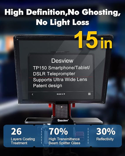 Desview TP150 teleprompter 15 inch High Display Mirror Aluminum Alloy Teleprompter with Remote Control Compatible with ipad DSLR Camcorders Easy Assembly with Carry Case for Video Making