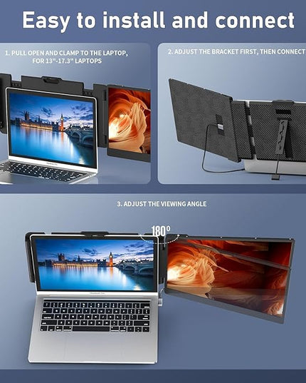 FEZOBR Laptop Screen Extender, 14" FHD 1080P IPS Laptop Monitor Extender Dual Screen, Travel Monitor for 13-17" Laptops with USB-C/HDMI Port, Plug and Play for Windows/Mac/Android
