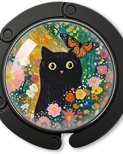 YAZMEEN Spring Black Cat Foldable Purse Hook for Table, Watercolor Black Cat Flowers, Women's Handbag Hanger Holder, Portable Purse Table Hanger, Funny Desk Hook Gifts for Mom Wife Sister Friend BFF