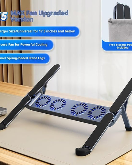 ANGESHA Foldable Laptop Cooling Pad with Quiet Fan and Adjustable Stand for 10-17inch Tablets Aluminum Alloy Design