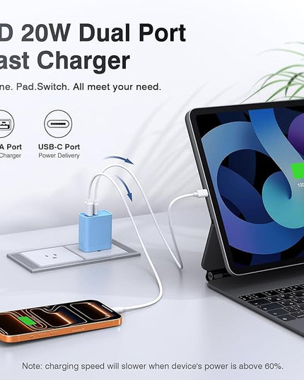 [20W/2Pack] Fast Charger Block, USB C Wall Charger, Charger Cube, Dual Port PD Fast Charging Block Brick Compatible for Watch Series 10 iPhone 16 17 Pro Max Airpod Brick Plug Power Adapter, Blue