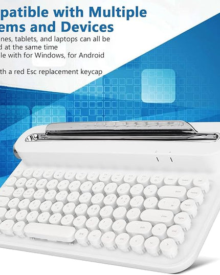 OPPWONG Vintage Bluetooth Keyboard 86 Keys Portable Wireless Keyboard with Red Esc Replacement Keycap Integrated Stand Recess Design for Smartphones, Tablets, Laptops (White)