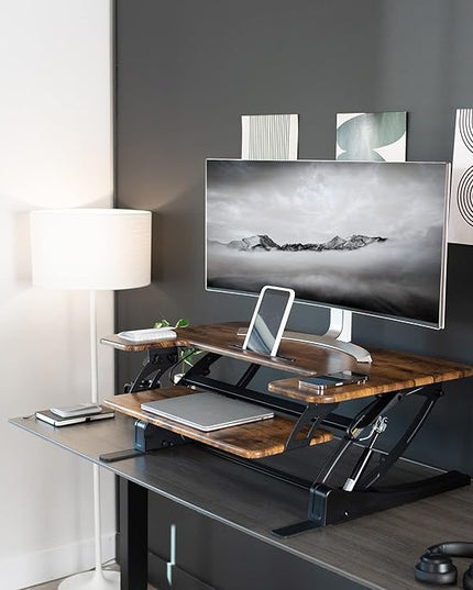 VIVO 36 inch Height Adjustable Stand Up Desk Converter, V Series, Quick Sit to Stand Tabletop Dual Monitor Riser Workstation, Rustic Vintage Brown Top, Black Frame, DESK-V000VN