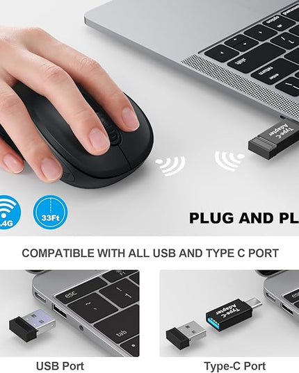 WisFox 2.4G Wireless Mouse for Laptop, Ergonomic Computer Mouse with USB Receiver and Type-C Adapter, 3 Adjustable Levels, 6 Button Cordless Wireless Mice for Windows Mac PC Notebook (Black)