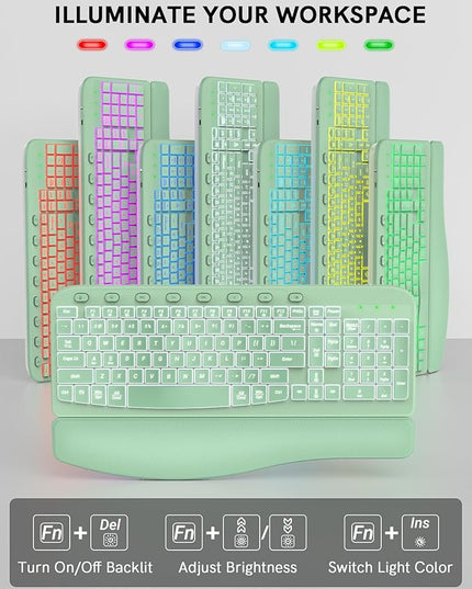 SABLUTE Ergonomic Wireless Keyboard and Mouse Combo - Wave Keyboard with Soft Leather Wrist Rest, Resistant Keys, RGB Backlit Rechargeable Set for PC/Mac/Chromebook (Green)