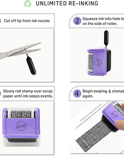 Miseyo Wide Identity Theft Protection Roller Stamp Set - Purple (3 Refill Ink Included)