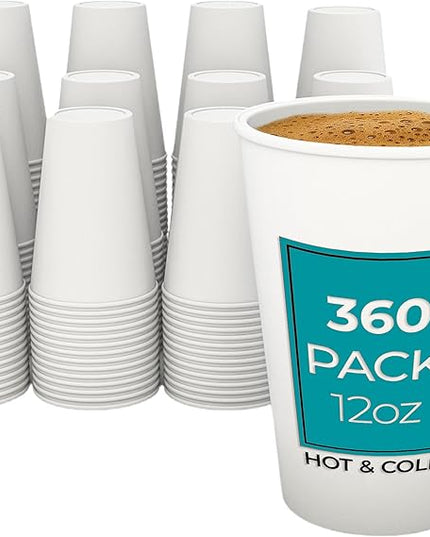 360 Count Pack 12 oz Disposable Paper Coffee Cups, Hot & Cold Drink Cups for Coffee, Tea, Juice, Leak-Proof Food Safe White Paper Cups for Home, Office, Cafes, Travel,