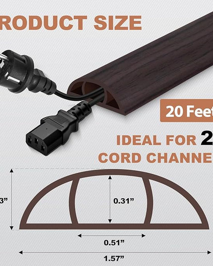 Floor Cord Cover for Wires on Floor Self Adhesive Cord Hider Floor Cable Management Wire Covers for Cords Protector Prevent Cable Trips Cord Cavity W 0.51" x H 0.31", Black Walnut, 20Ft