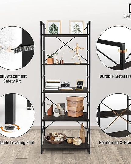 CAPHAUS 6 Tier Bookshelf, 24 Inch Width Free Standing Shelf, Bookcase Shelf Storage Organizer, Industrial Book Shelves for Home Office, Living Room, Kitchen, Black Shelves & Metal Frame