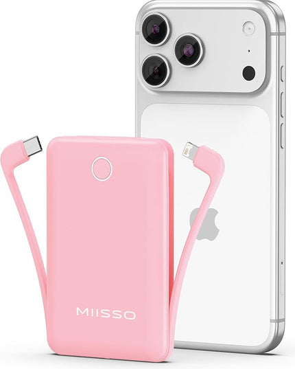 miisso 10000mAh Mini Portable Charger with Built in Cable, Pocket Size Power Bank Travel External Battery Pack for Phone, 3 Output USB Type C Cord Clutch Compatible with iPhone, Samsung, Pink