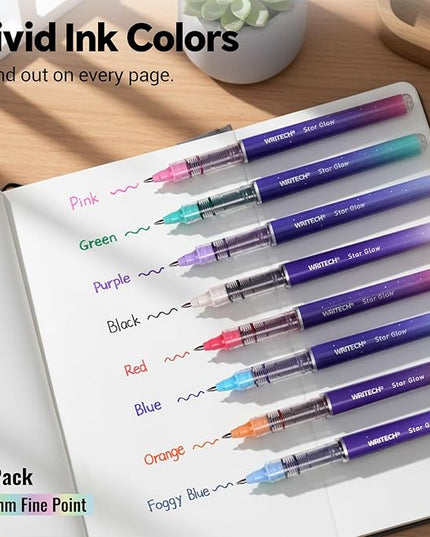 WRITECH Liquid Ink Rollerball Pens: 8ct Assorted Colors Fine Point Tip 0.7mm Roller Ball Rolling Pen for Smooth Writing Coloring Drawing Journaling No Bleed & Smear &Smudge Multi Colored