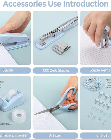 SKYDUE Blue Office Desk Accessories, Blue Office Supplies, Stapler, Tape Dispenser, Scissors, Clips and 1000pcs Staples,Desk Supplies for Women