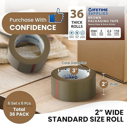 Lifetime Supplies 36 Rolls [Upgraded] 2" Brown Premium Packing Tape, 110 Yards, 2.2 mil, Heavy Duty Packaging Tape for Shipping, Moving, Sealing - Stronger & Thicker