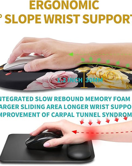 Hokafenle Ergonomic Mouse Pad Wrist Support, Wrist Rest Mousepad for Carpal Tunnel Pain Relief with Integrated Memory Foam Slope Massage Bulge (11.8x7.9 inch,Golden Powder Flower