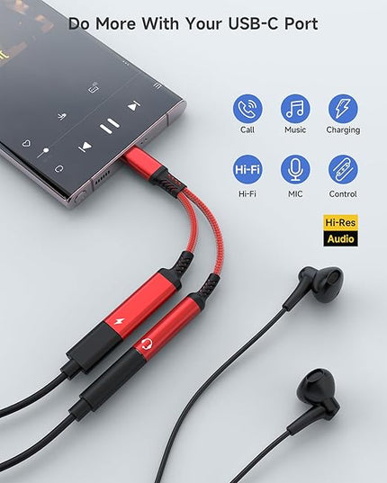 Marsno USB C to 3.5mm Headphone and Charger Adapter, 2-in-1 USB Type C to Aux Audio Jack Splitter, PD 60W Fast Charging Dongle for iPhone 17/16/15, Galaxy S25/S24/S23, iPad Pro, Pixel (Red)