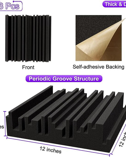 TroyStudio Self-adhesive Acoustic Foam Panels, 12 X 12 X 2 Inches 18 Pcs Broadband Sound Absorbing Foam, Dense Soundproof Padding Tile, Recording Studio Foam Absorber, Groove Decorative Wall Panel