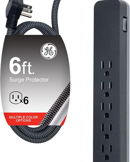 GE UltraPro 6 Outlet Surge Protector, 6 Ft Designer Braided Extension Cord, Flat Plug, Long Power Cord, Wall Mount, Black, 45271