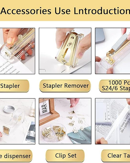 suniya Office Supplies,Desk Accessories,with Stapler,Tape Dispenser,Pen Holder Cup for Desk,Staple Remover,Scissor,Ballpoint Pen,Clear Tape, Staples,Phone Stand,Ruler,Binder,Best Gift Set(Gold)