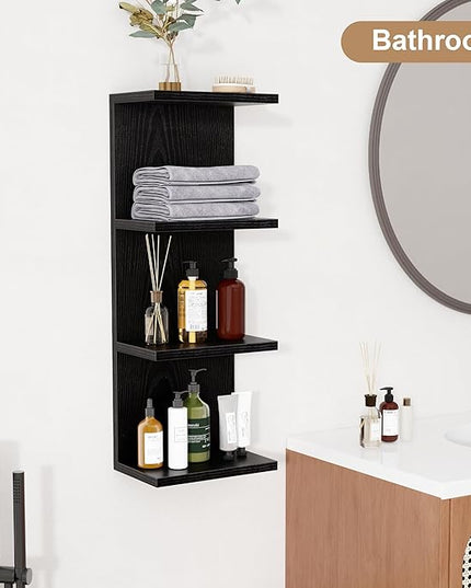 Fun Memories 4 Tier Wall Shelf Unit, Vertical Floating Shelf, Wall Mount Lack Shelving Home Decor Organizer Tall Tower Design Utility Shelving for Bedroom Living Room, Black