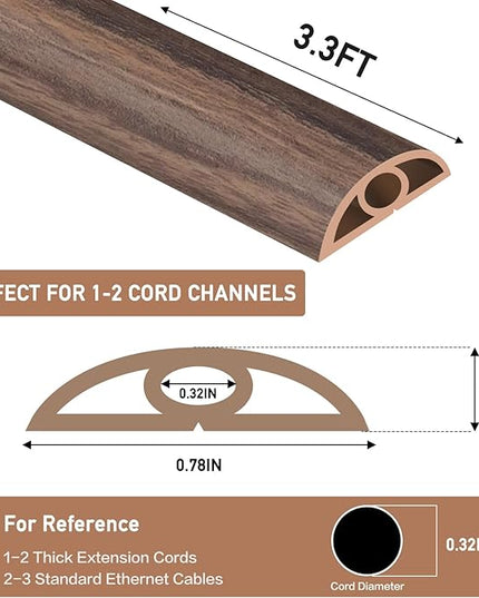 Floor Cord Cover Self Adhesive Cord Hider Floor Extension Cord Covers for Floor Power Cord Protector Cable Management Prevent Cable Trips Cable Cavity 0.32" W x 0.32" H (Smoked Brown Wood, 3.3Ft)