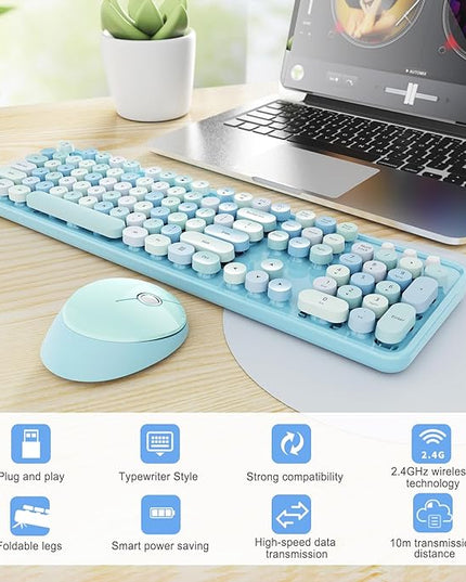 Wireless Keyboard and Mouse Combo, Ergonomic Full Size Typewriter Retro Round Keycaps Keyboard, Compatible with Windows, PC, Perfer for Home and Office Keyboards (Blue