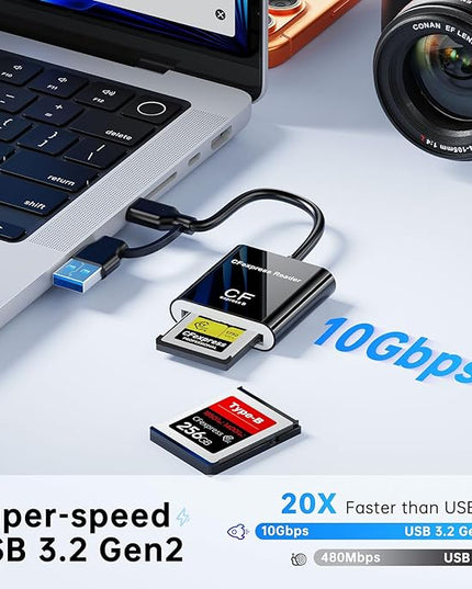 CFExpress Type B Card Reader with USB 3.2 (Gen 2) 10Gbps, USB-C & USB-A 2-in-1 Type B CFexpress Adapter, CF Express Type B Card Reader Compatible with Windows/Mac/Linux/Android(Not for XQD Card)