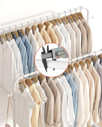 Laiensia Double Rods Garment Rack with Wheels, Clothing Rack for Hanging Clothes,4 Hooks, Multi-functional Bedroom Clothes Rack, White