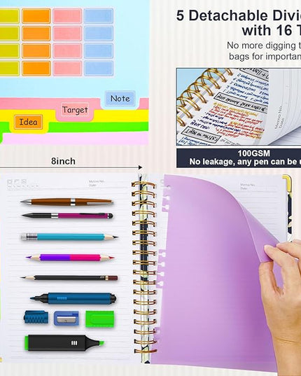 Spiral Journal Notebooks for Work, 300 Pages 5 Subject Notebook College Ruled with Dividers & Tabs, 8''x 10'' Large Notebook Journal for Women Students Note-Taking and Organizer (White Daisy)