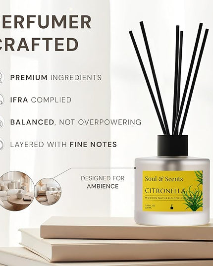 Soul & Scents Reed Diffuser Set – Citronella | 7.43 oz Refillable Scented Oil with 6 Fiber Sticks | Long-Lasting Home Fragrance & Air Freshener for Bedroom, Bathroom, Office | Gift & Décor Piece