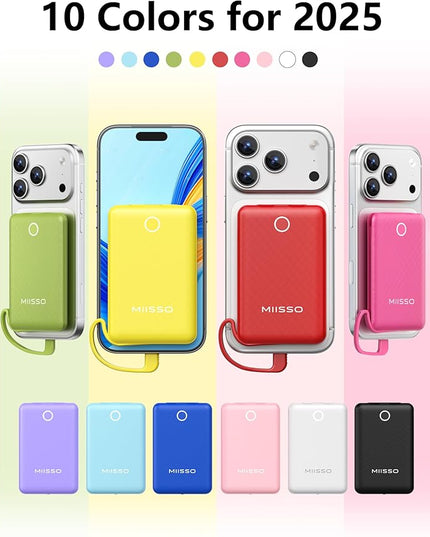 miisso 10000mAh Mini Portable Charger with Built in Cable, Pocket Size Power Bank Travel External Battery Pack for Phone, 3 Output USB Type C Cord Clutch Compatible with iPhone, Samsung, Green