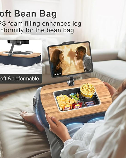 Lap Beanbag Tablet Pillow Stand,Adjustable iPad Holder with Snack Bowl,360° Rotating Clip for 4.7-13" Kindle,Phone,Tablet.Ideal for Hands-Free Reading and Relaxation on Bed,Couch,Recliner,Gray