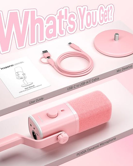 MAONO Dynamic Gaming Microphone: USB XLR Dynamic Computer Microphone with Software-RGB PC Mic for Gamer-Podcast Mic for Streaming Recording Studio YouTube Content Creation Online Chat PD100X (Pink)