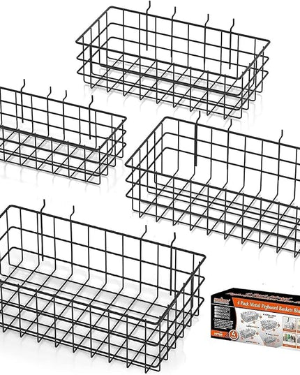 HORUSDY Peg Board Bins and Baskets | 4 Pack | Square Style 4 Size Pegboard Baskets and Pegboard Bins for Organize Workbenches, Accessories