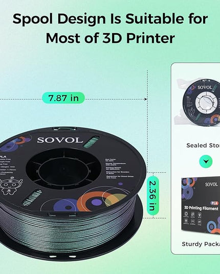 Sovol Silk PLA Filament with Green Glitter 1kg 1.75mm, Color Changeable 3D Printer Filament 2.2lbs, Chameleon Shiny PLA Material +/-0.03mm, Shimmering 3D Printing Filament, Galaxy Green