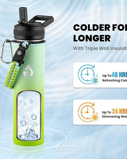 Insulated Water Bottle 24oz, Triple Wall Vacuum Stainless Steel (Cold for 48 Hrs, Hot for 24Hrs), Leak Proof & Non-BPA, 24oz Hydro Water Flask with Paracord Handle & Straw Spout Lids