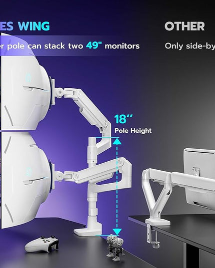 ARES WING Dual Monitor Arm Desk Mount for 17-49 Inch Ultrawide Monitors, Heavy Duty Dual Monitor Mount Holds 44 lbs, Full Motion Gas Spring Vertical Stacked Monitor Mount, 75/100 VESA Mount, White