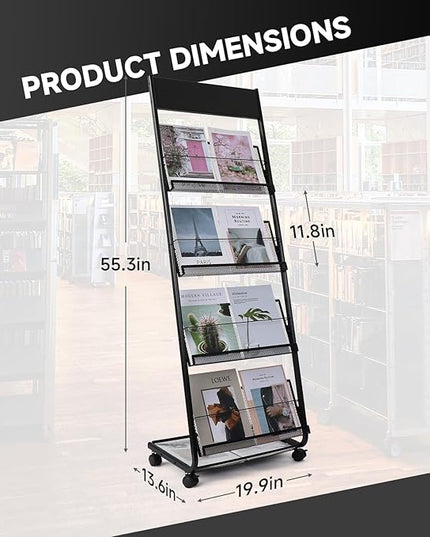 Floor-Standing Magazine Rack 4-Layer with Wheels, Brochure Display Stand for Exhibitions, Office, and Any Organization Requiring Information Display