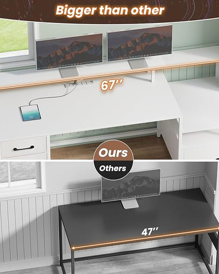 SEDETA White Computer Desk with 5 Drawer & Power Outlet, 66'' Home Office Desk with File Drawer, Storage Shelves, Printer Cabinet and Monitor Shelf, Gaming Desk with Led Lights