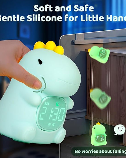 Dinosaurs Alarm Clock with Night Light for Kids with Sleep Training and Sound Machine, Rechargeable Silicone Lamp OK to Wake Clock，Cute Animal Tabletop Lamp, Perfect Sleep Companion for Boys Girls