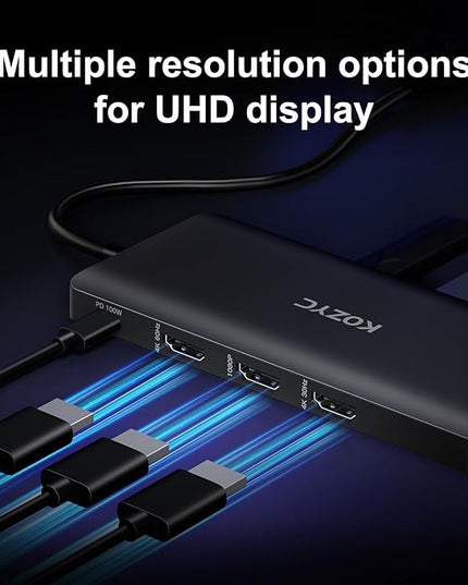 USB C Docking Station 3 Monitors Compatible with Mac/Windows, KOZYC Triple Display Docking Station with 3xHDMI(4k60Hz/30Hz+1080p), 3xUSB 3.0, SD/TF, 100W PD with HDMI Splitter Extend Display 3 Monitor