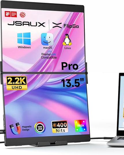 JSAUX FlipGo Pro 13.5" Dual Portable Monitors, 2.2K Triple Laptop Screen Extender, Portable IPS Dual-Screen Monitor for Laptop[for Windows/Linux/macOS] One Cable to Dual/Magnetic Design/DisplayLink