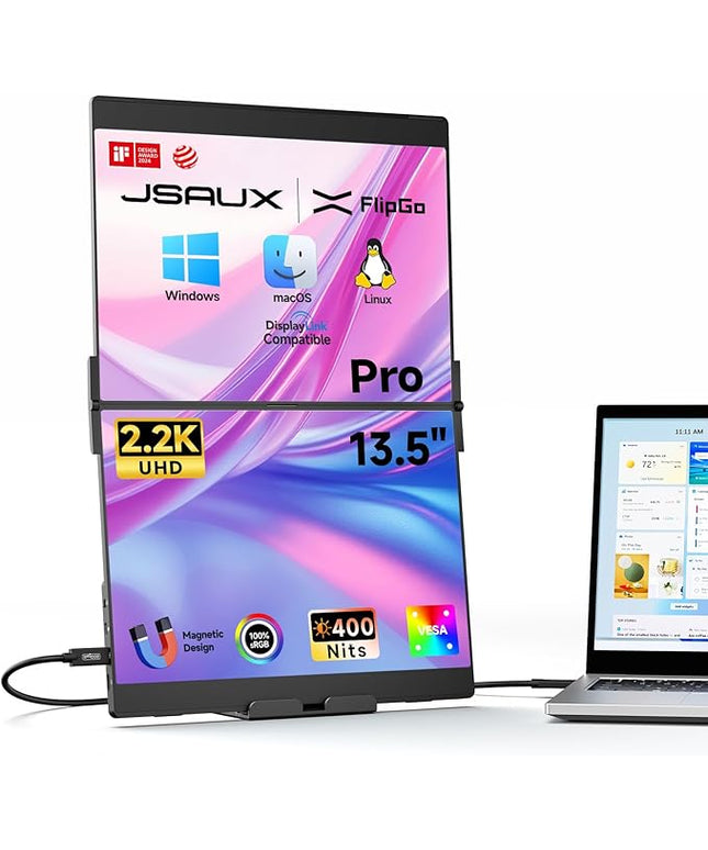 JSAUX FlipGo Pro 13.5" Dual Portable Monitors, 2.2K Triple Laptop Screen Extender, Portable IPS Dual-Screen Monitor for Laptop[for Windows/Linux/macOS] One Cable to Dual/Magnetic Design/DisplayLink