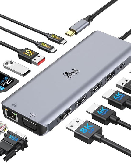 Laptop Docking Station 4 Monitors, Dual HDMI+8K DP+VGA, 10Gbps, 100W PD, 6 USB C/A Ports, Ethernet, SD/TF, LIONWEI 13 in 1 USB C Hub for MacBook/Dell/HP/Surface