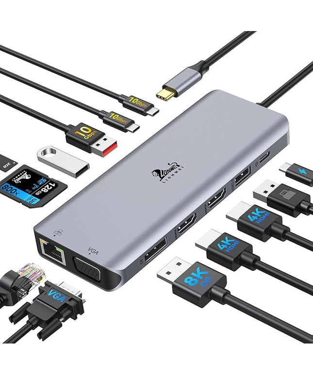 Laptop Docking Station 4 Monitors, Dual HDMI+8K DP+VGA, 10Gbps, 100W PD, 6 USB C/A Ports, Ethernet, SD/TF, LIONWEI 13 in 1 USB C Hub for MacBook/Dell/HP/Surface