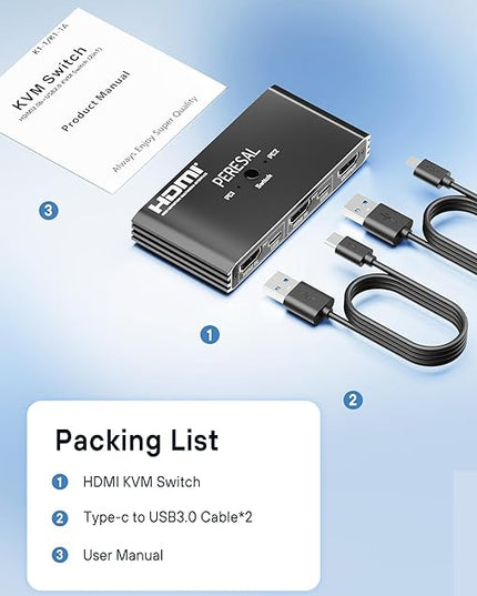 USB KVM Switch, KVM Switch 1 Monitors 2 Computers, HDMI Switch, 4K@60Hz KVM Switches for 2 Computers Sharing 1 Monitor, 4 USB Devices Such as Keyboard, Mouse, Printer, Scanner