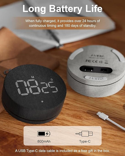 AVINIA Desk Timer for Productivity Magnetic Digital Kitchen Timer Rechargeable Fabric Mesh Cover 99 Mins Countdown/Count Up Stylish Efficana Konah Home Timmer for Cooking (Fabric Gray)